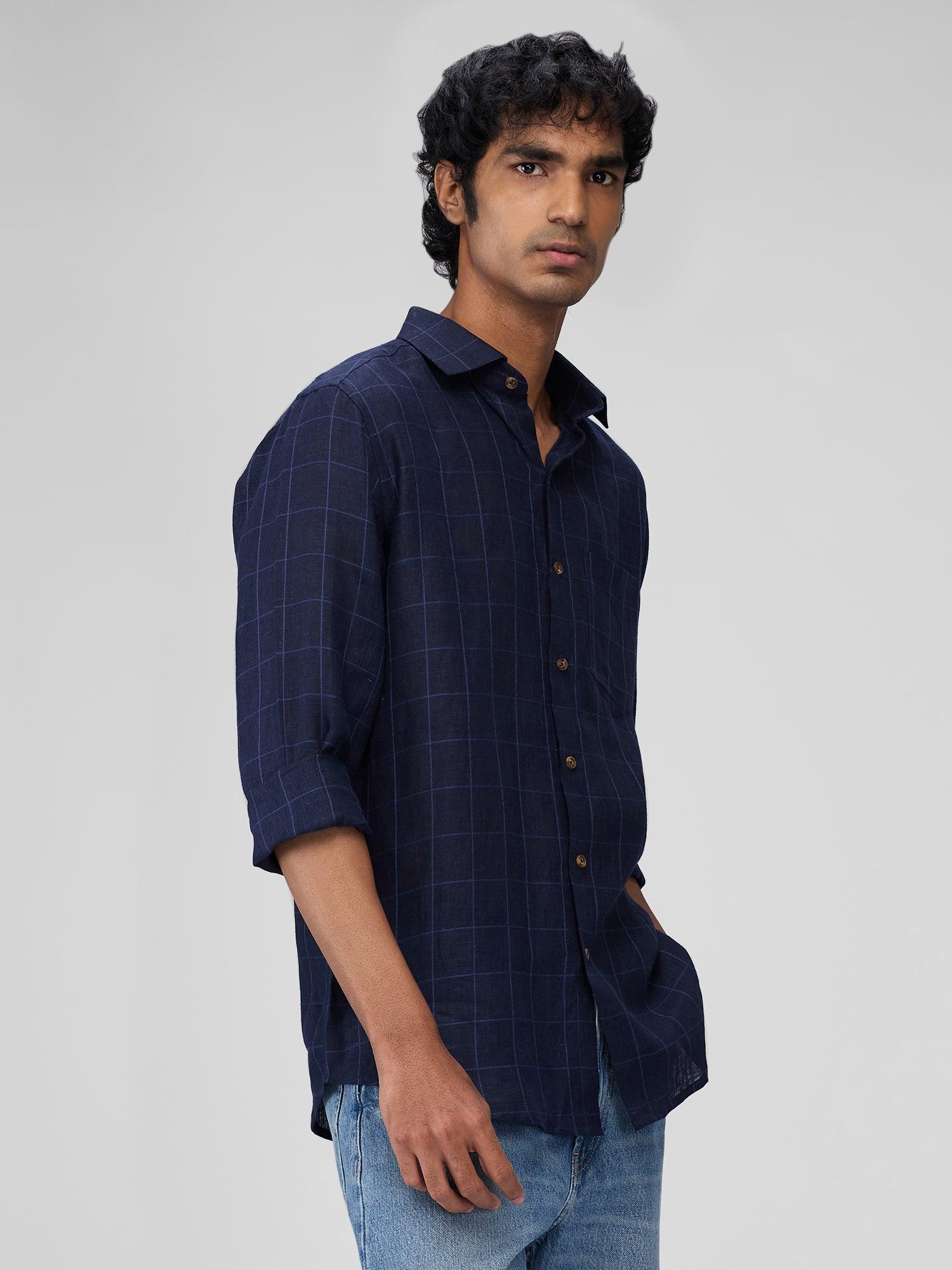 Navy 100% Pure Linen Check Men's Shirt—Bhrata
