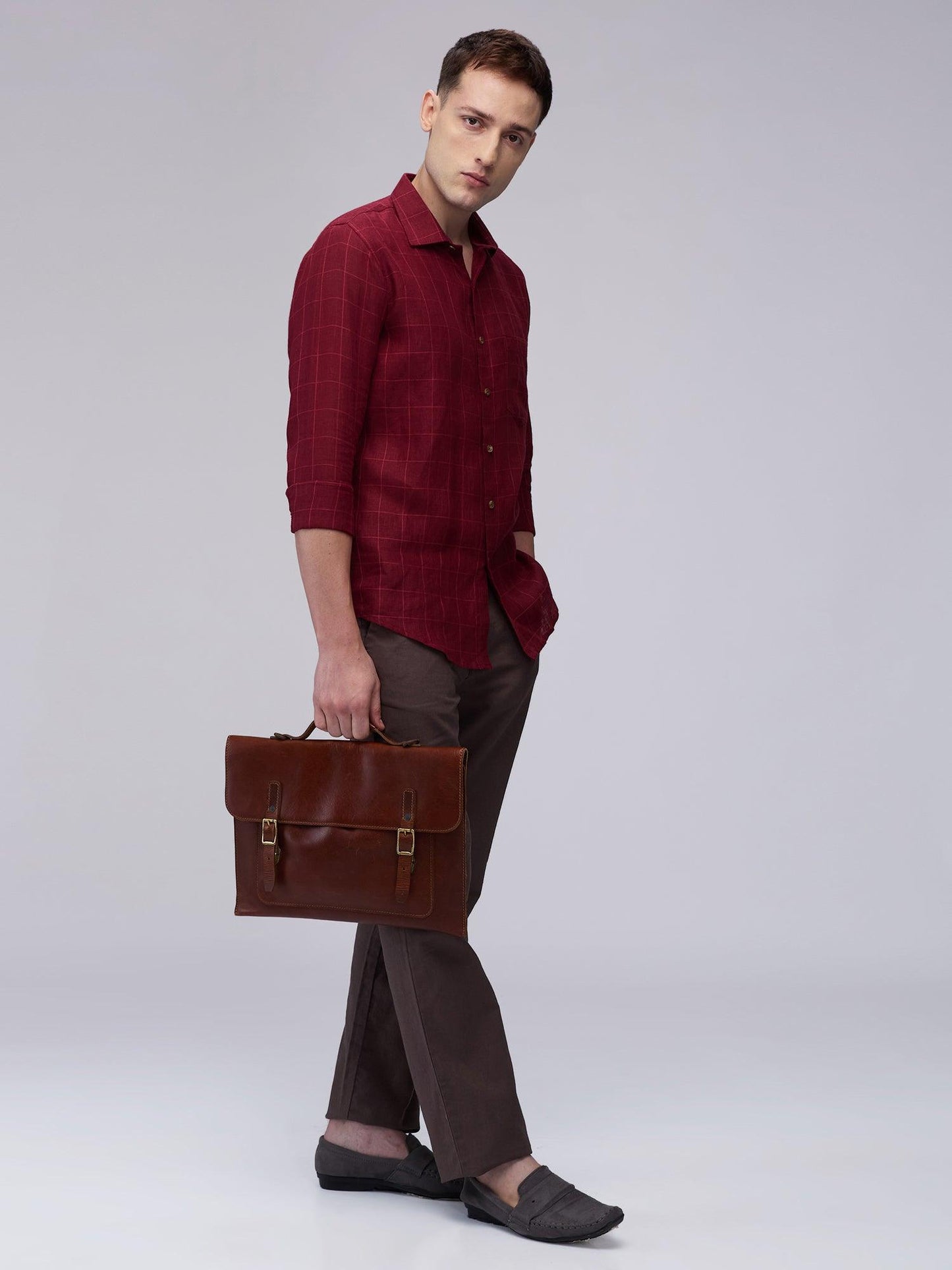 Crimson Red 100% Pure Linen Check Men's Shirt—Bhrata