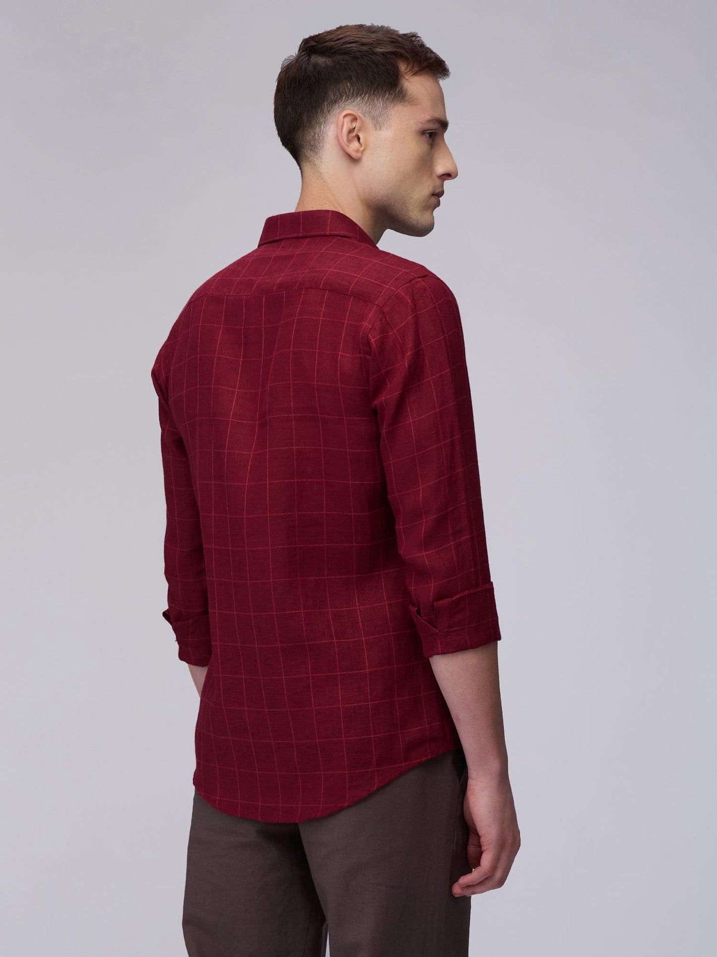 Crimson Red 100% Pure Linen Check Men's Shirt—Bhrata