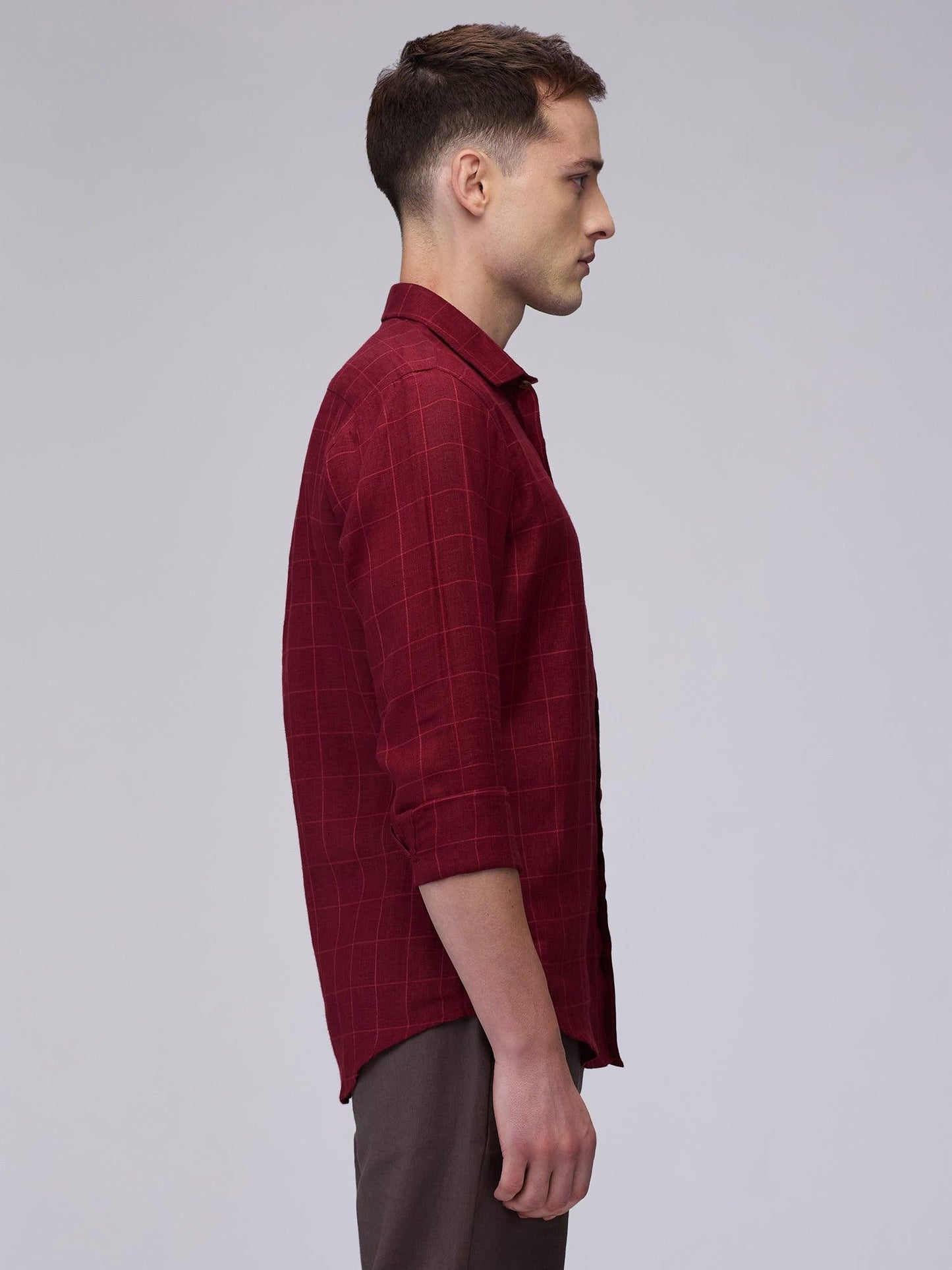 Crimson Red 100% Pure Linen Check Men's Shirt—Bhrata