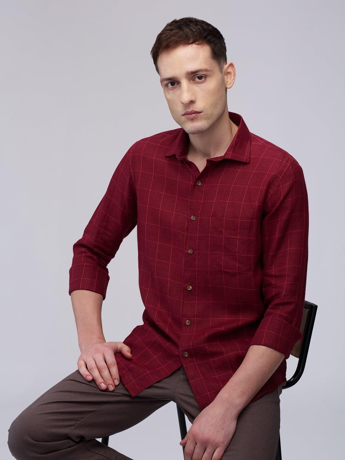 Crimson Red 100% Pure Linen Check Men's Shirt—Bhrata