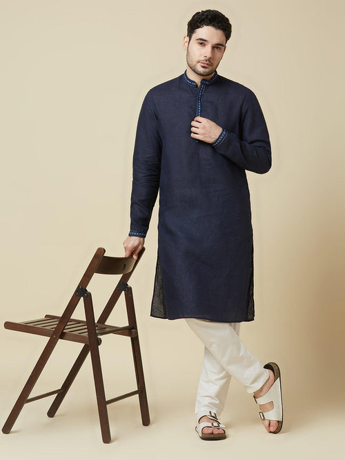 Navy 100% Pure Linen Long Kurta - Bhrata