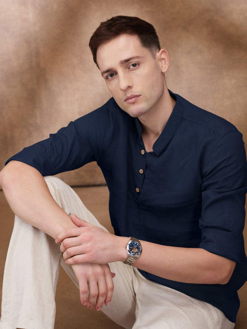 Navy 100% Pure Linen Short Kurta - Bhrata
