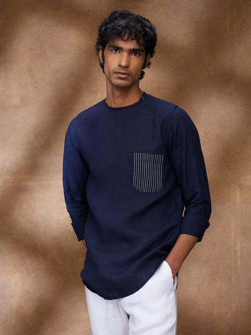 Navy 100% Pure Linen Zippered Kurta - Bhrata