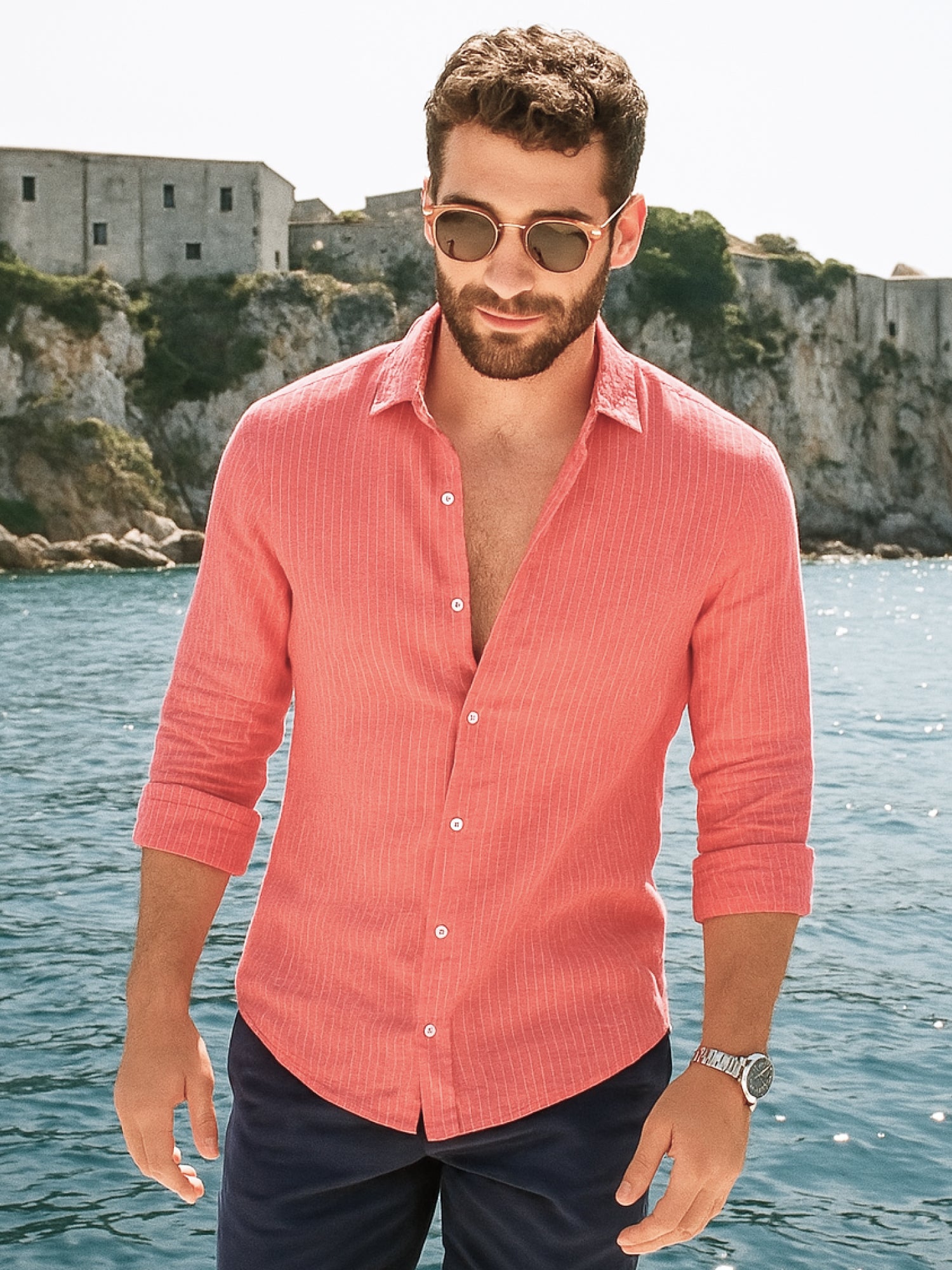 Coral Red Striped 100% Pure Linen