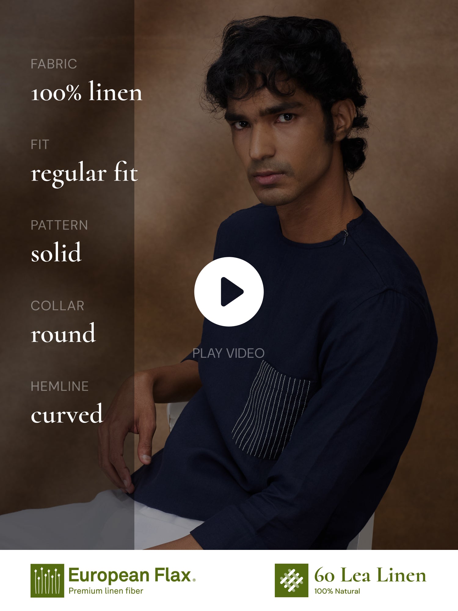 Navy 100% Pure Linen Zippered Kurta