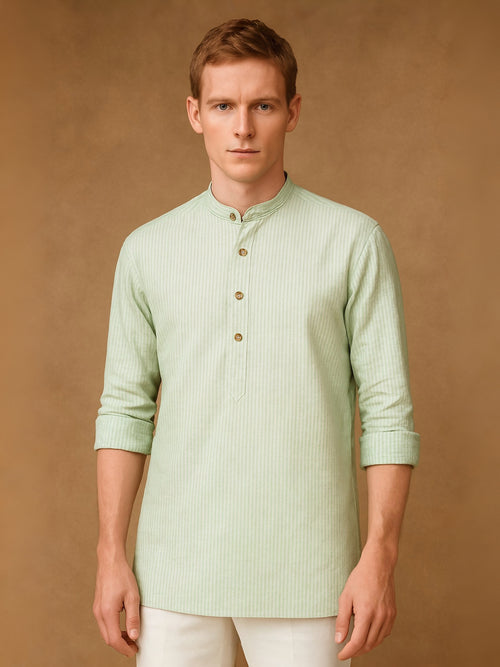 Green Striped 100% Pure Linen Short Kurta