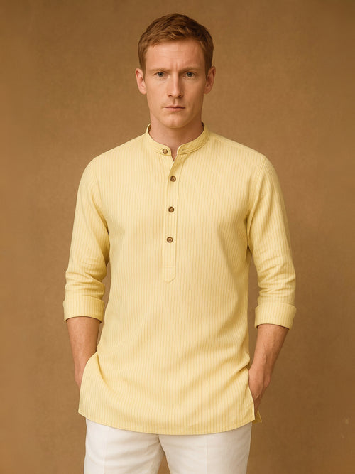 Yellow Striped 100% Pure Linen Short Kurta