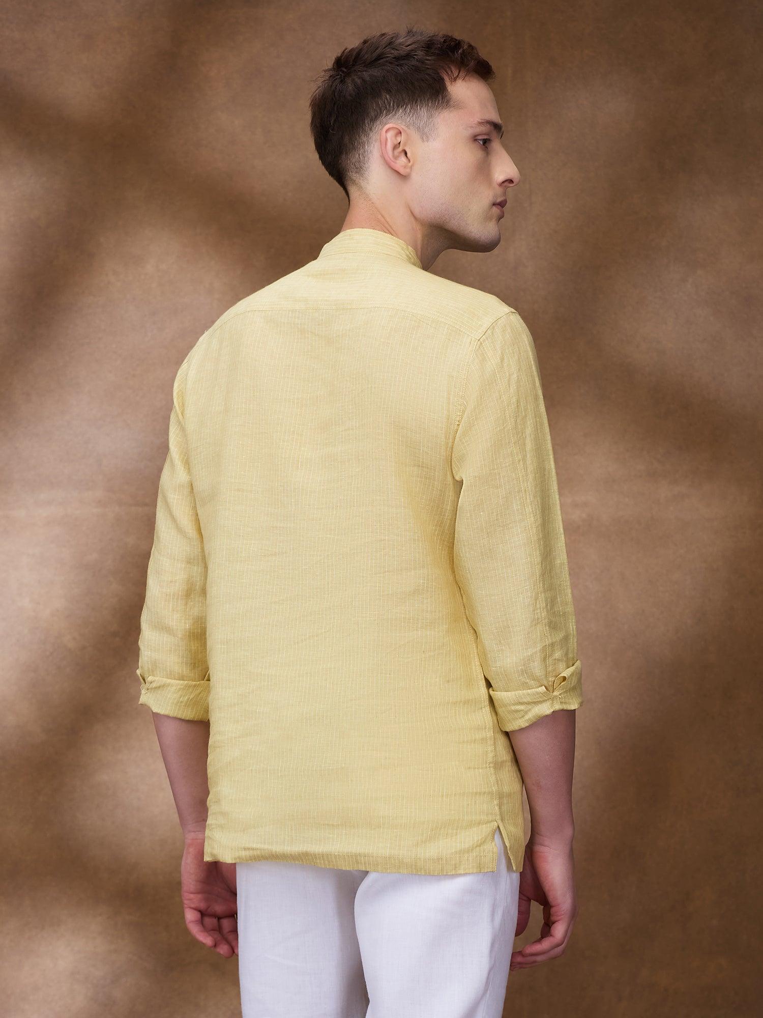 Yellow Striped 100% Pure Linen Short Kurta - Bhrata