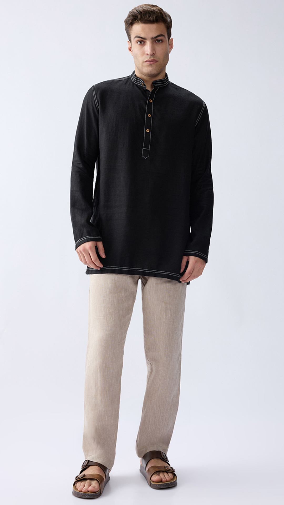 Black Linen Kurta & Beige Relaxed Linen Pants