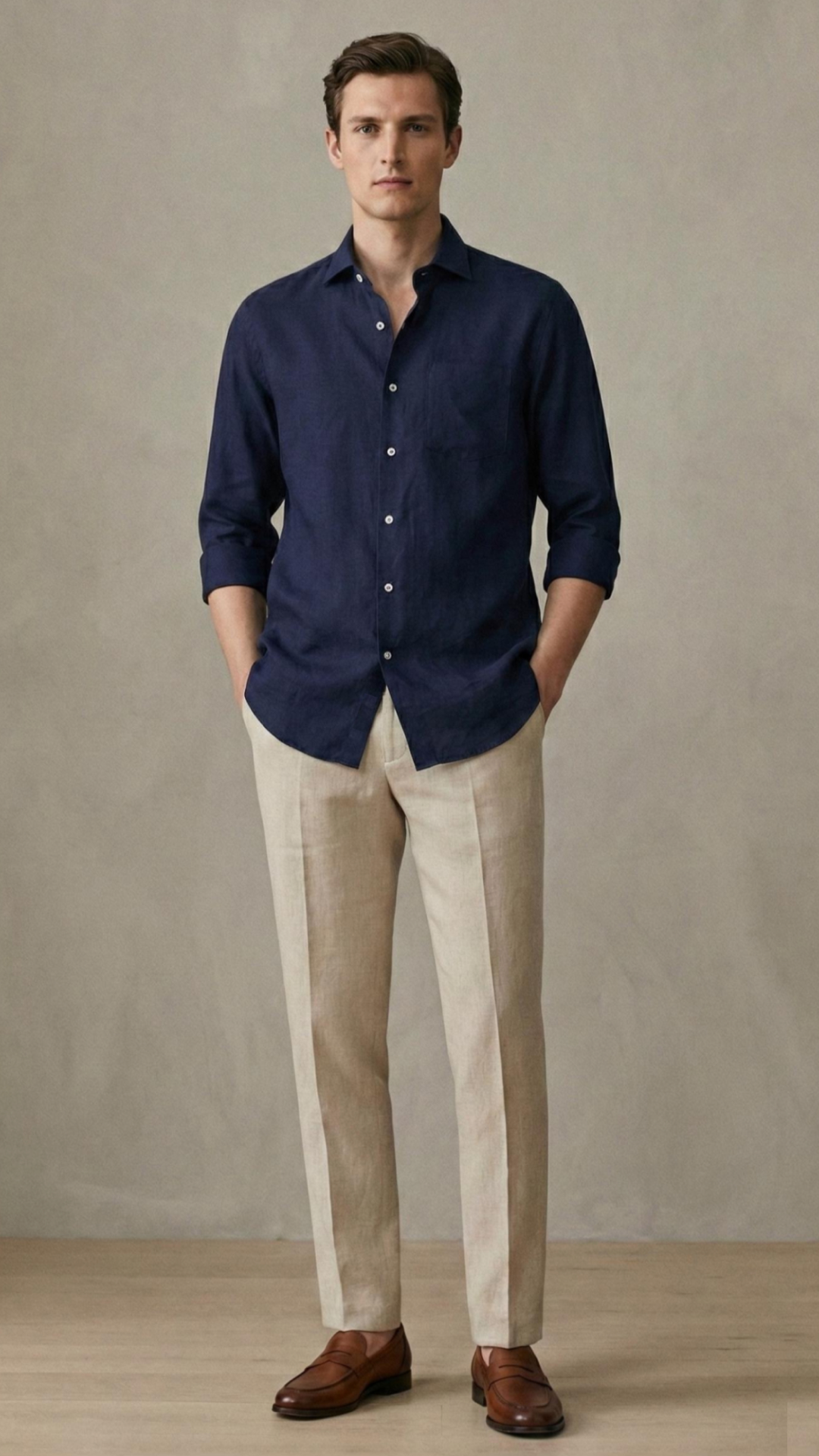 Navy Linen Shirt & Beige Linen Pants