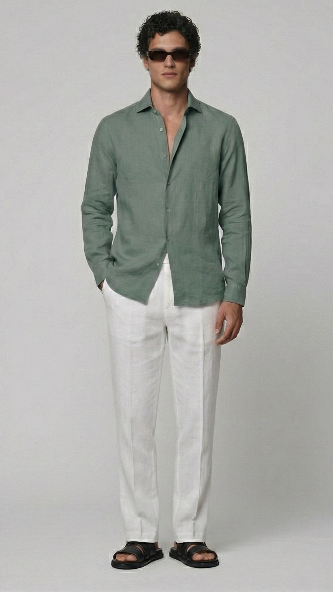 Sage Green Linen Shirt & White Linen Pants