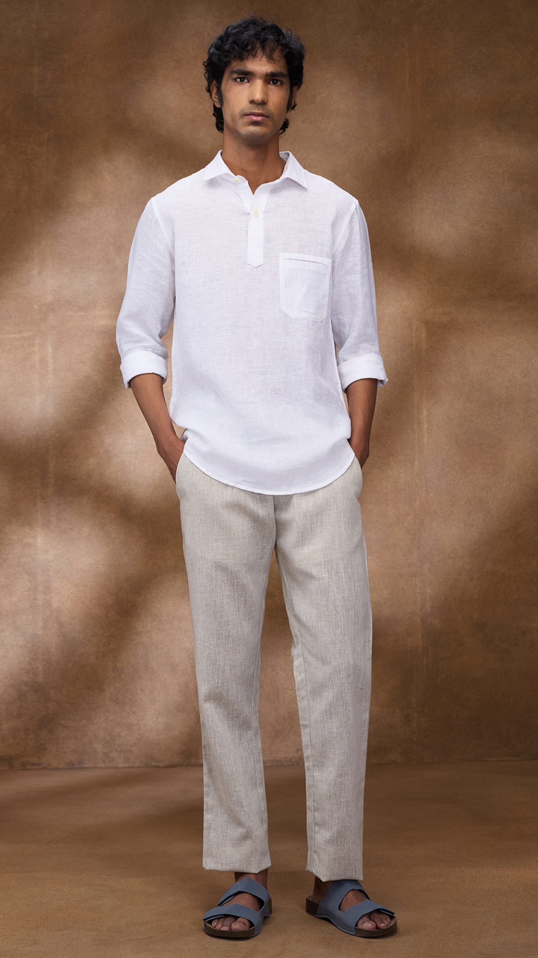 White Linen Kurta & Beige Relaxed Linen Pants