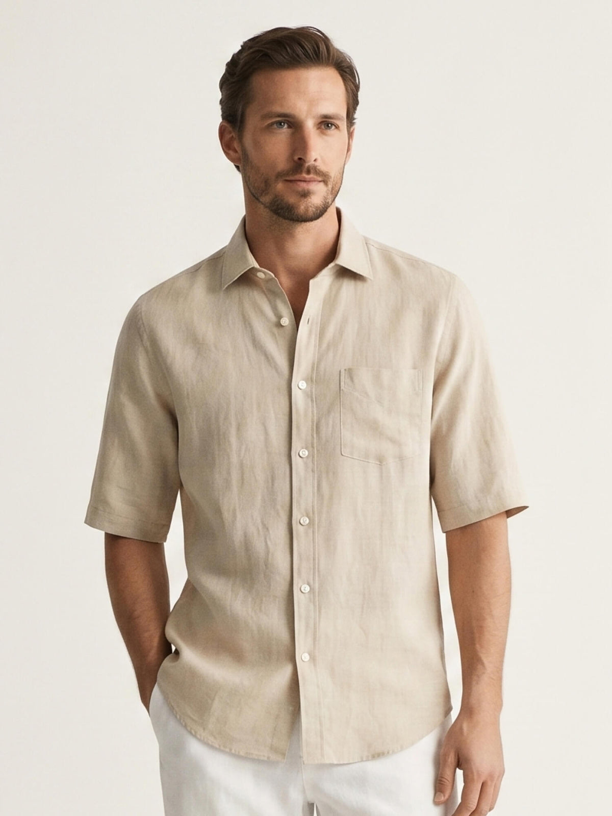 Beige 100% Pure Linen Half Sleeve