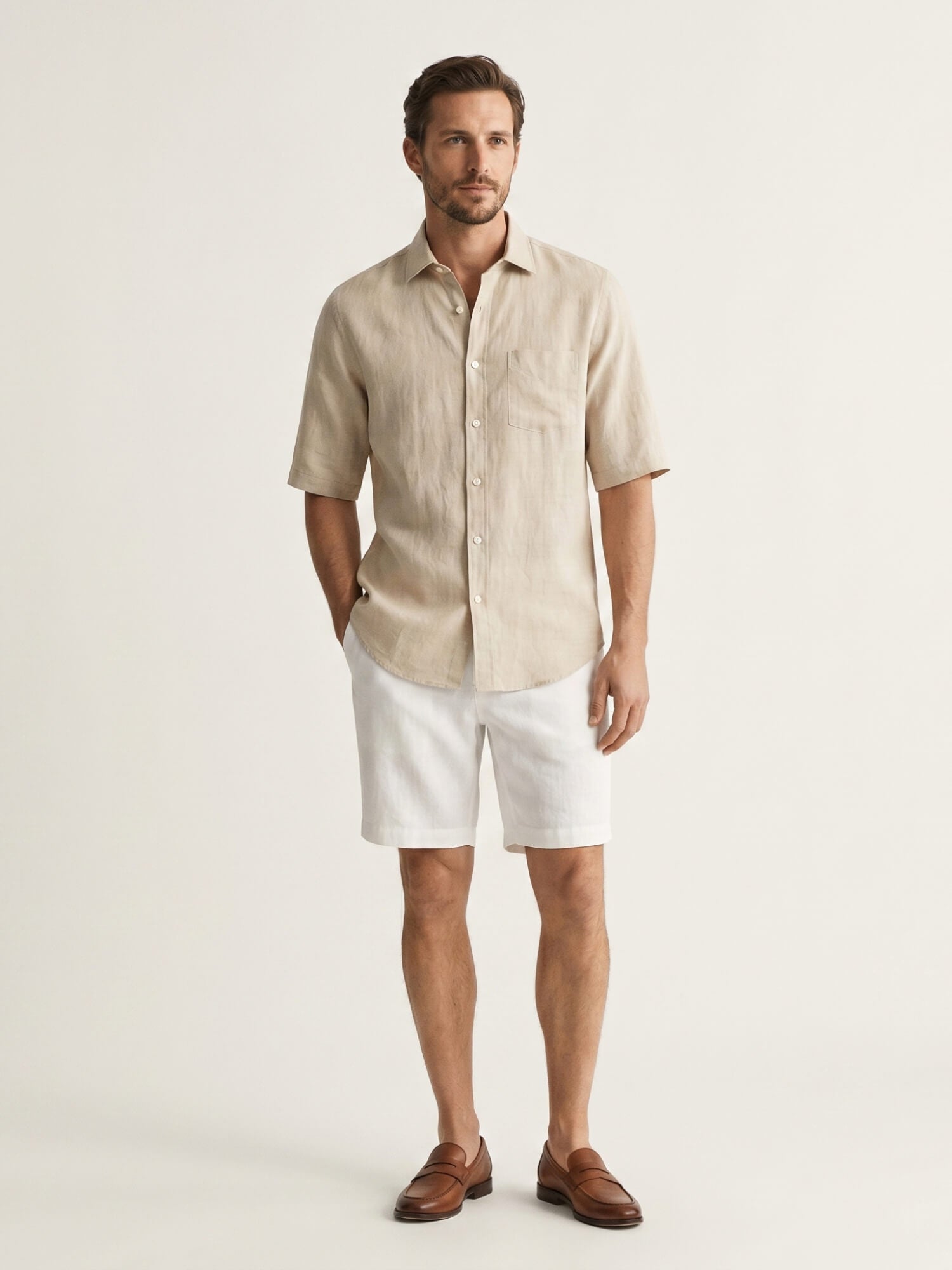 Beige 100% Pure Linen Half Sleeve