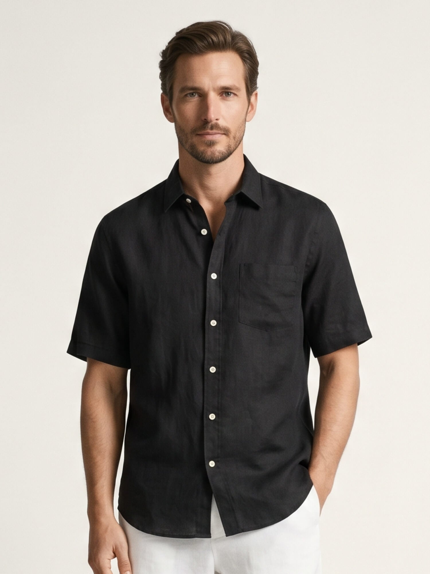 Black 100% Pure Linen Half Sleeve