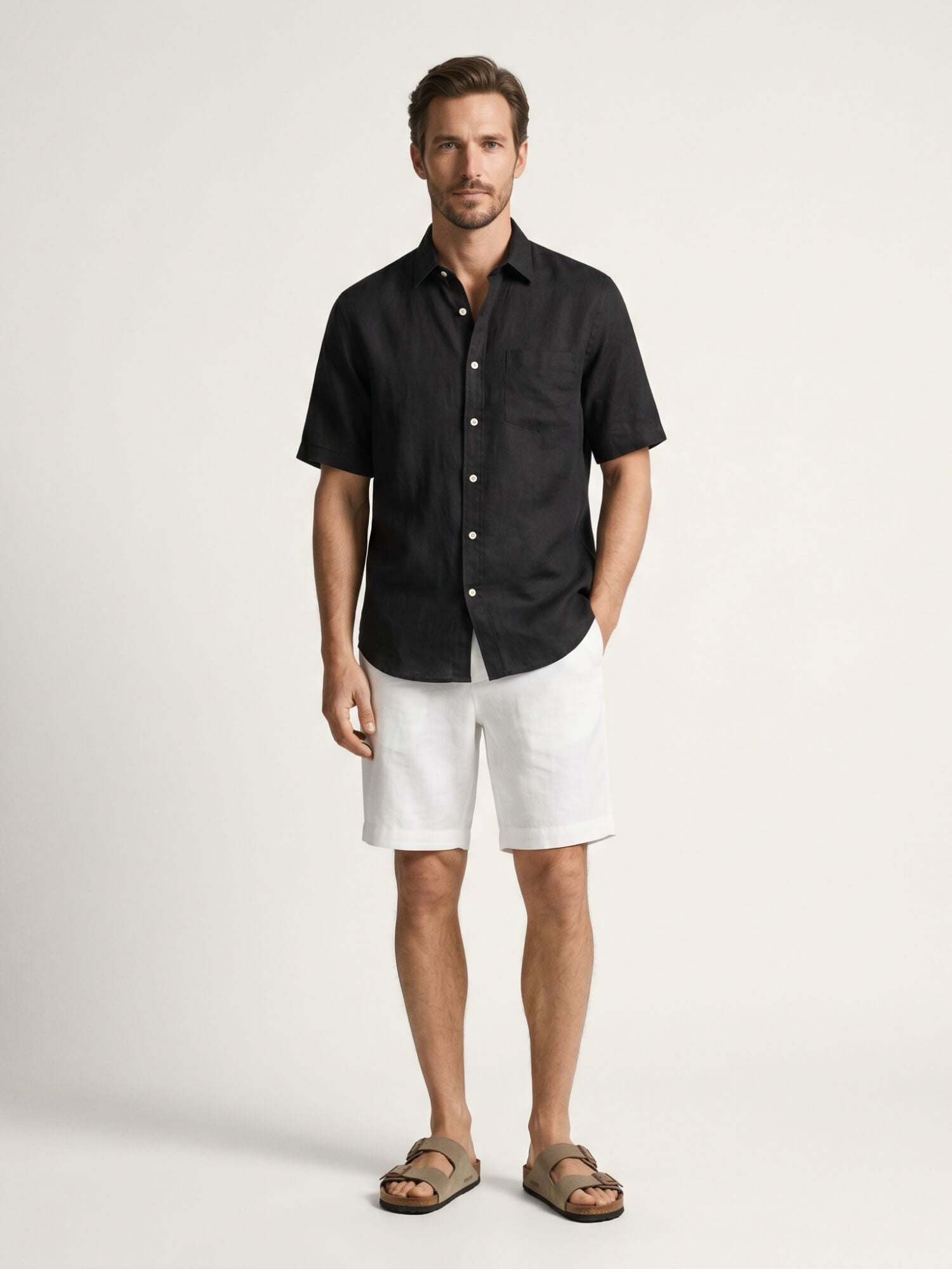 Black 100% Pure Linen Half Sleeve