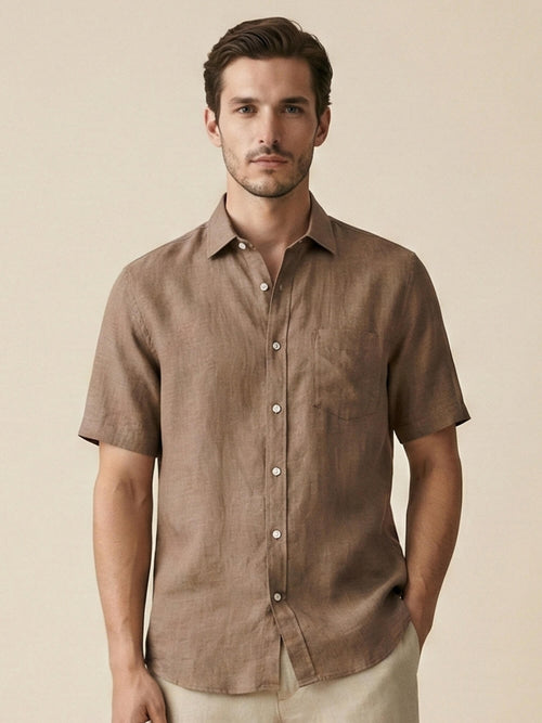 Earth Brown 100% Pure Linen Half Sleeve
