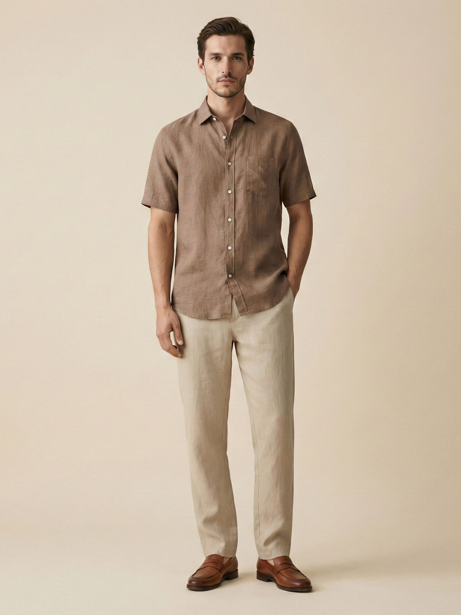 Earth Brown 100% Pure Linen Half Sleeve