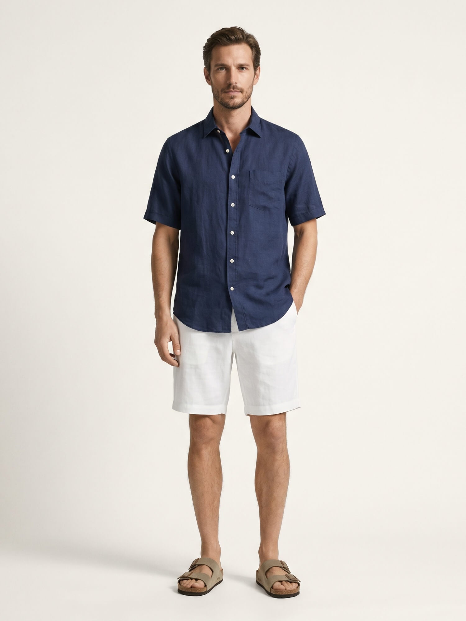 Navy 100% Pure Linen Half Sleeve