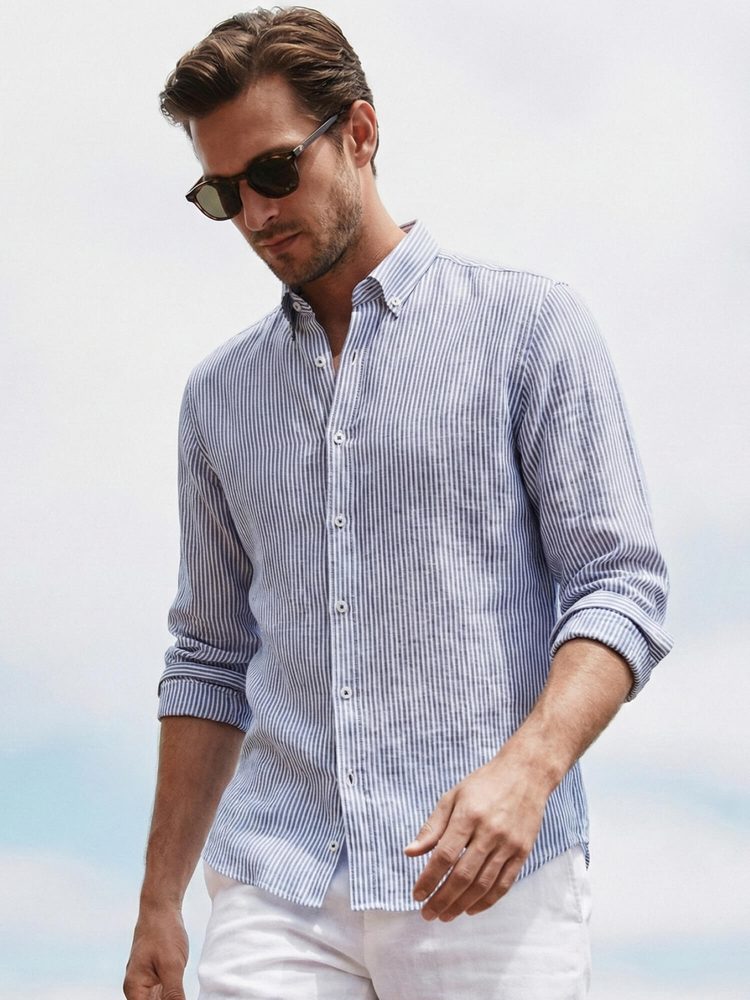 Blue Pinstripe 100% Pure Linen Button Down