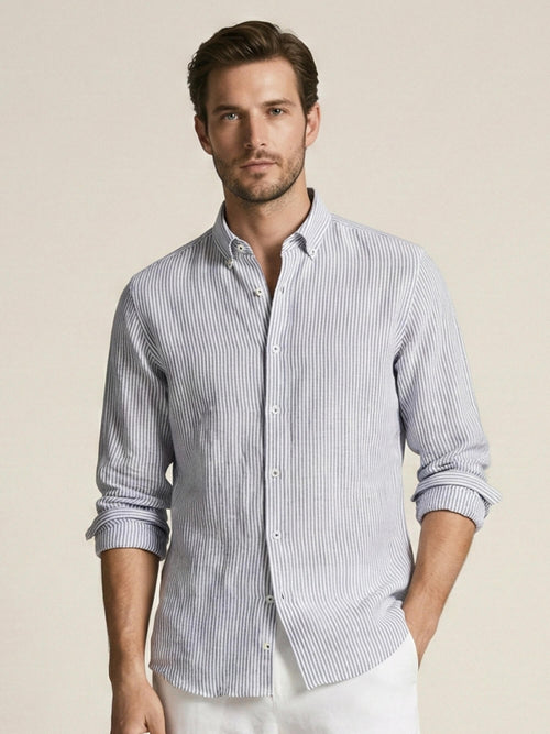 Blue Pinstripe 100% Pure Linen Button Down