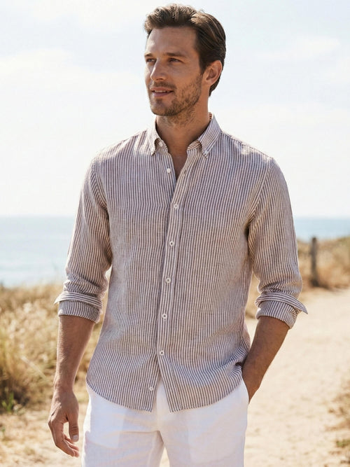 Brown Pinstripe 100% Pure Linen Button Down