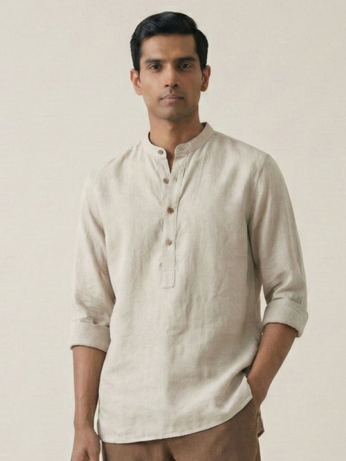 Beige 100% Pure Linen Classic Short Kurta