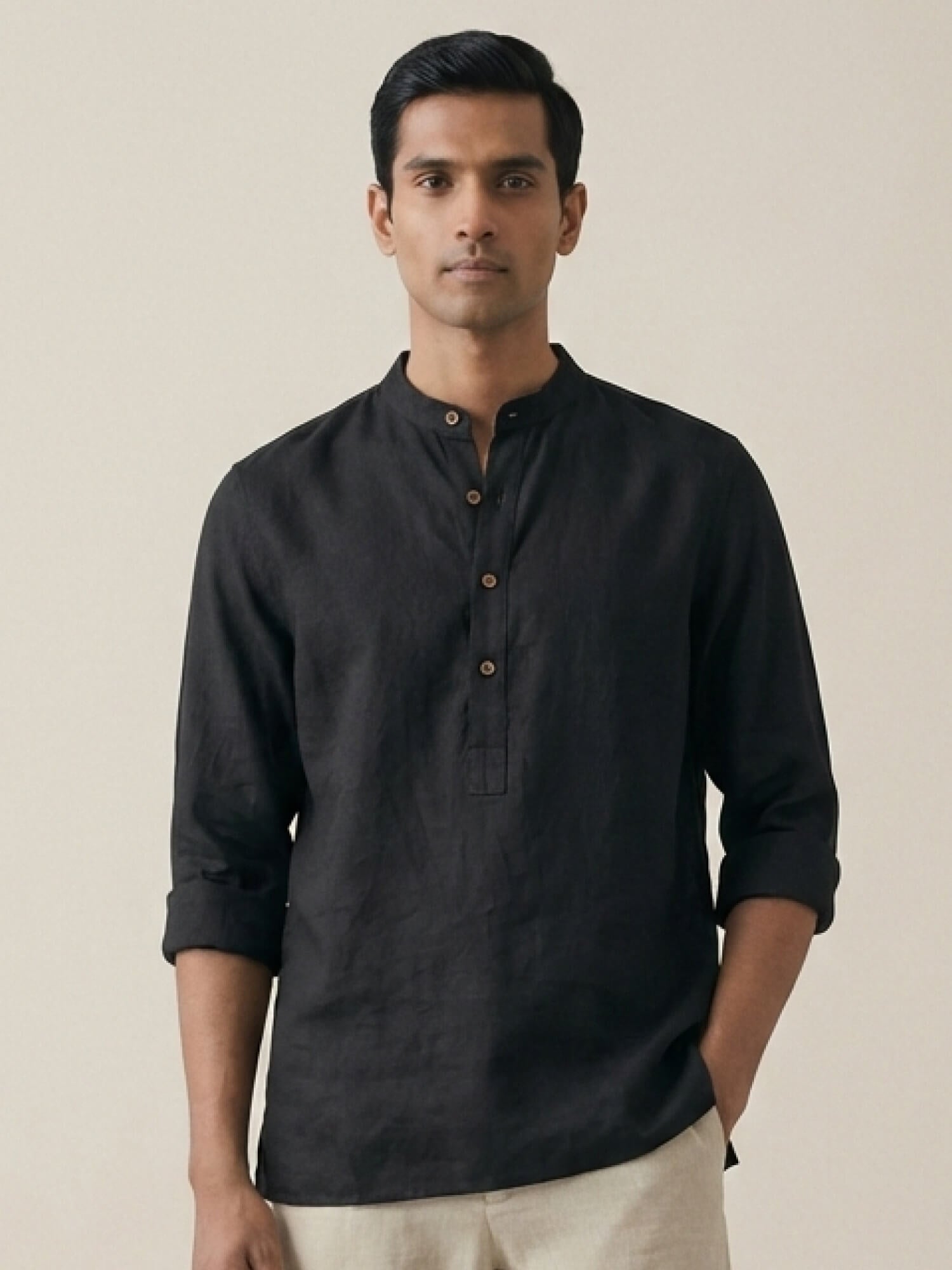 Black 100% Pure Linen Classic Short Kurta