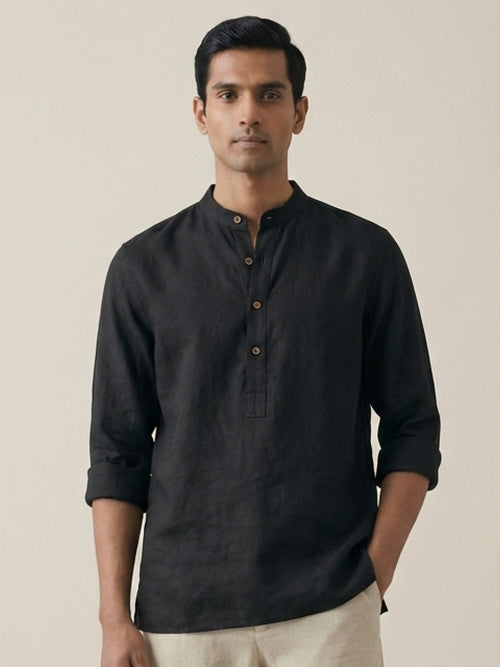 Black 100% Pure Linen Classic Short Kurta