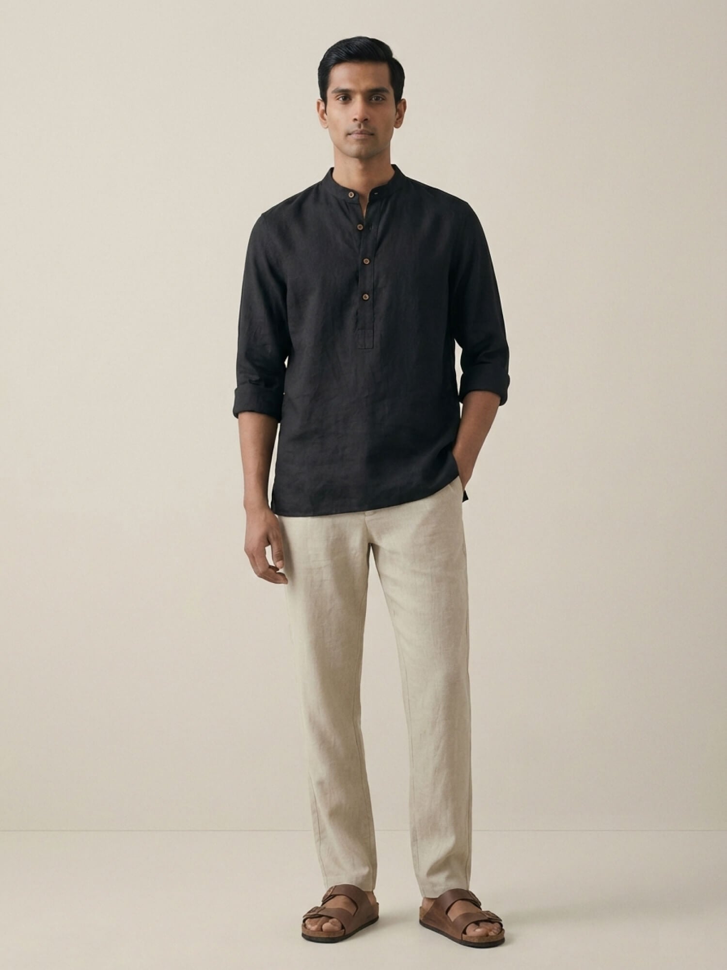 Black 100% Pure Linen Classic Short Kurta