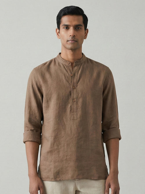 Earth Brown 100% Pure Linen Classic Short Kurta