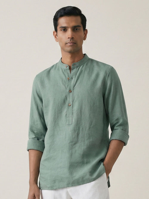 Sage Green 100% Pure Linen Classic Short Kurta