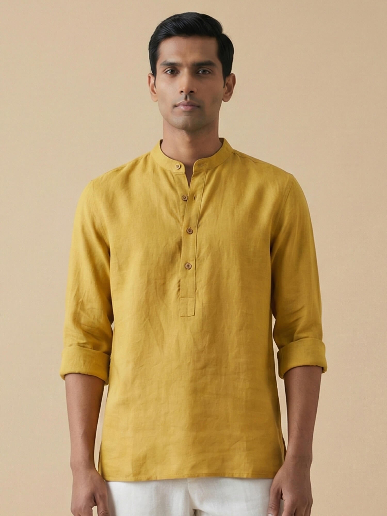 Mustard Yellow 100% Pure Linen Classic Short Kurta