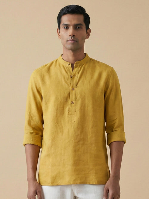 Mustard Yellow 100% Pure Linen Classic Short Kurta