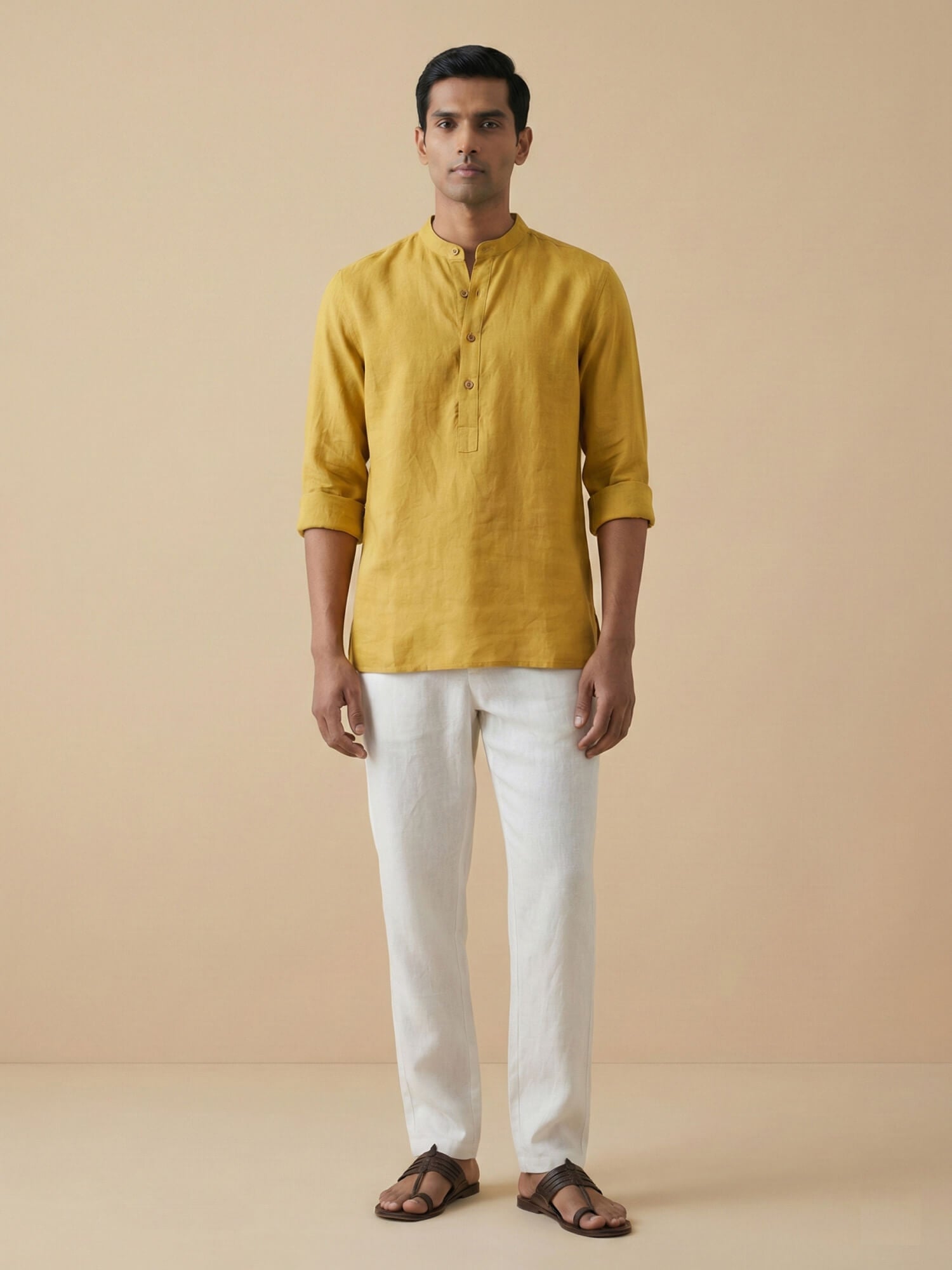 Mustard Yellow 100% Pure Linen Classic Short Kurta