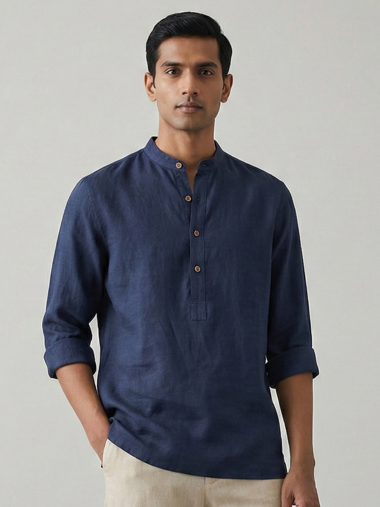 Navy 100% Pure Linen Classic Short Kurta