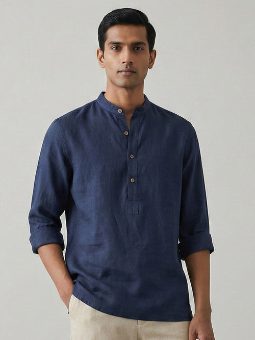 Navy 100% Pure Linen Classic Short Kurta
