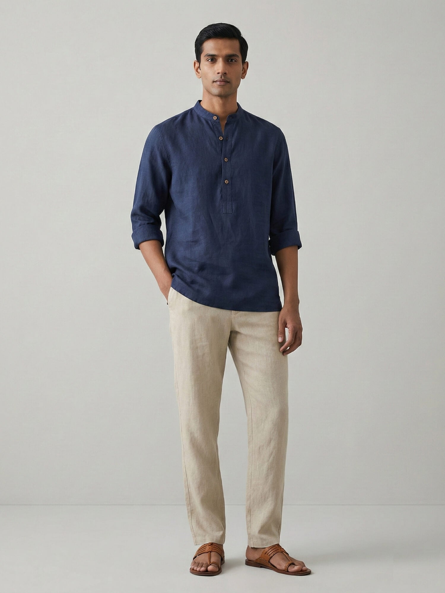 Navy 100% Pure Linen Classic Short Kurta