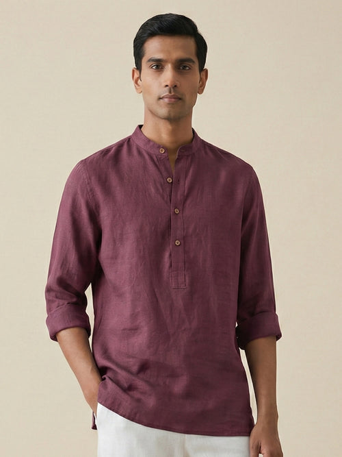Vintage Plum 100% Pure Linen Classic Short Kurta
