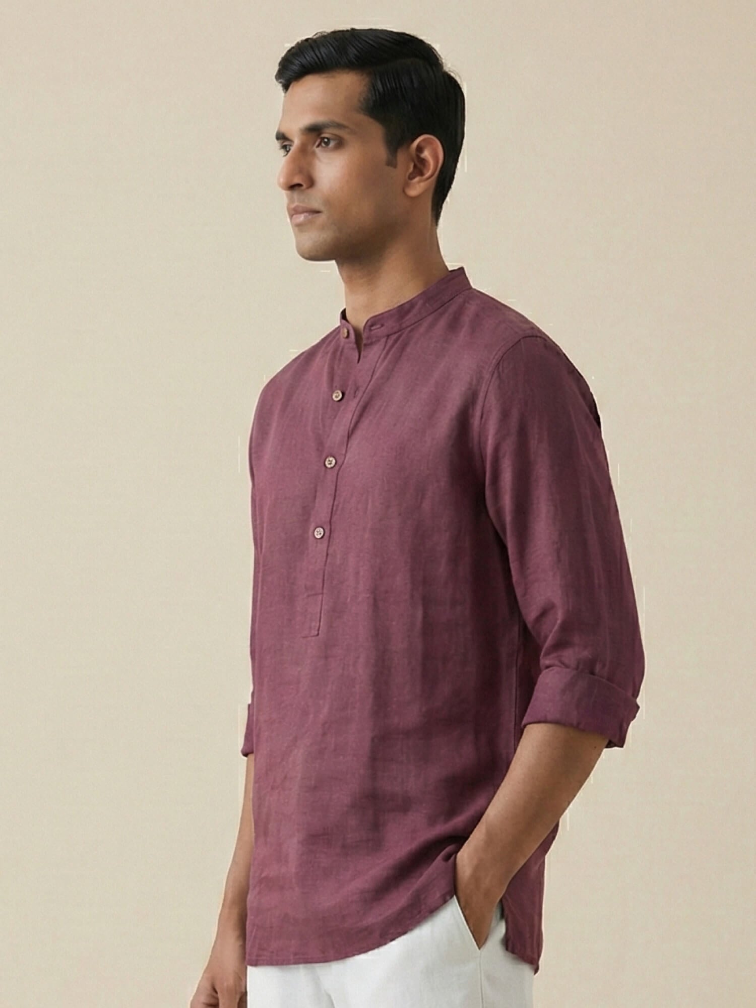 Vintage Plum 100% Pure Linen Classic Short Kurta