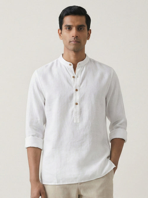 White 100% Pure Linen Classic Short Kurta