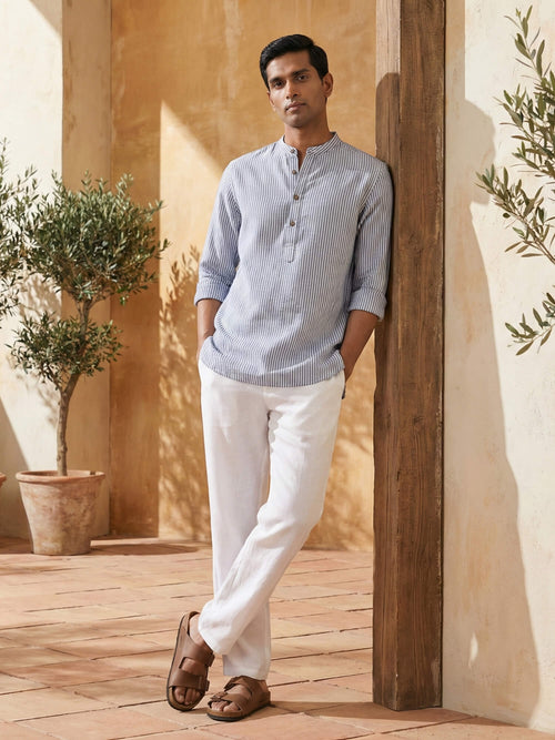 Blue Pinstripes 100% Pure Linen Short Kurta