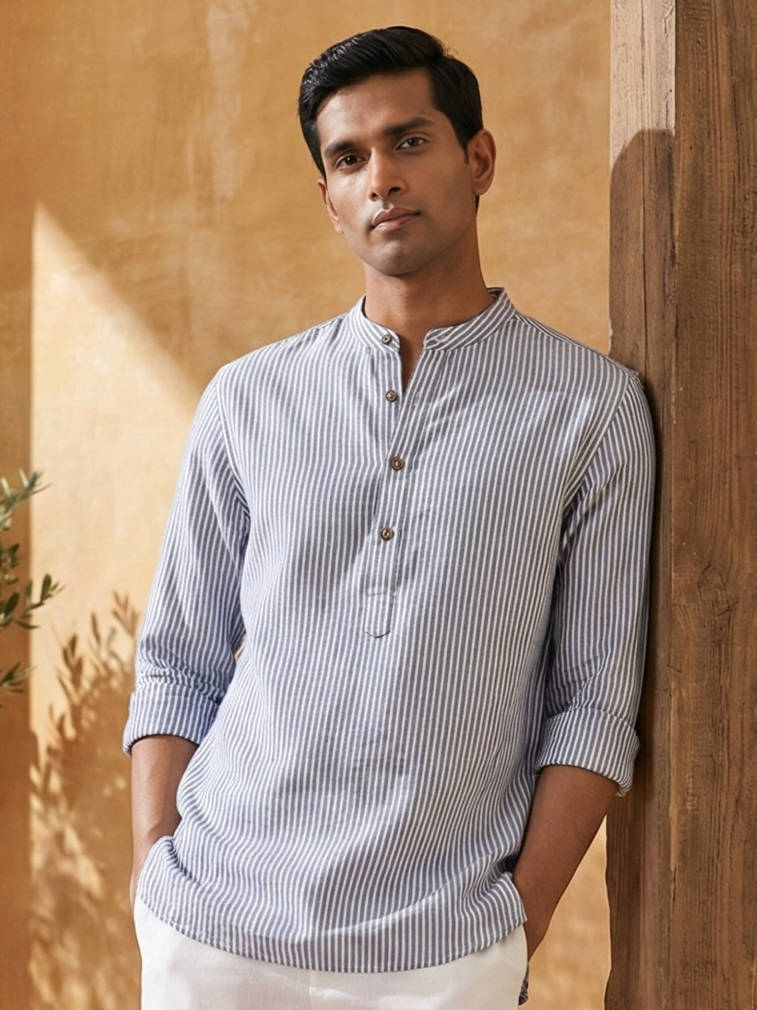 Blue Pinstripes 100% Pure Linen Short Kurta