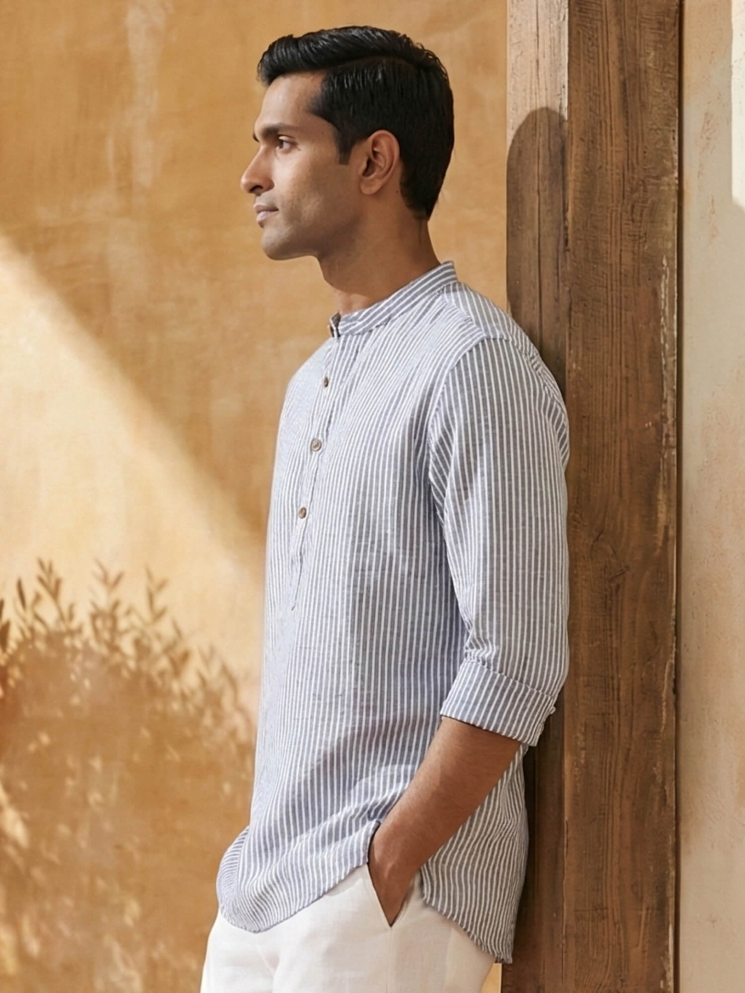 Blue Pinstripes 100% Pure Linen Short Kurta