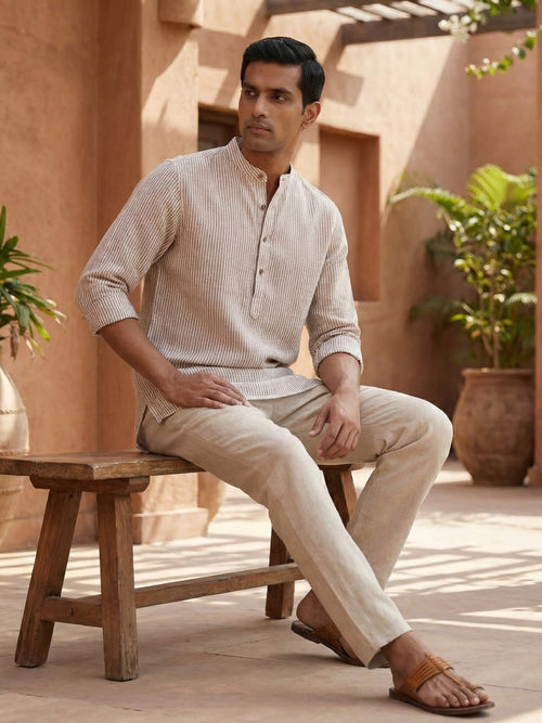 Brown Pinstripes 100% Pure Linen Short Kurta