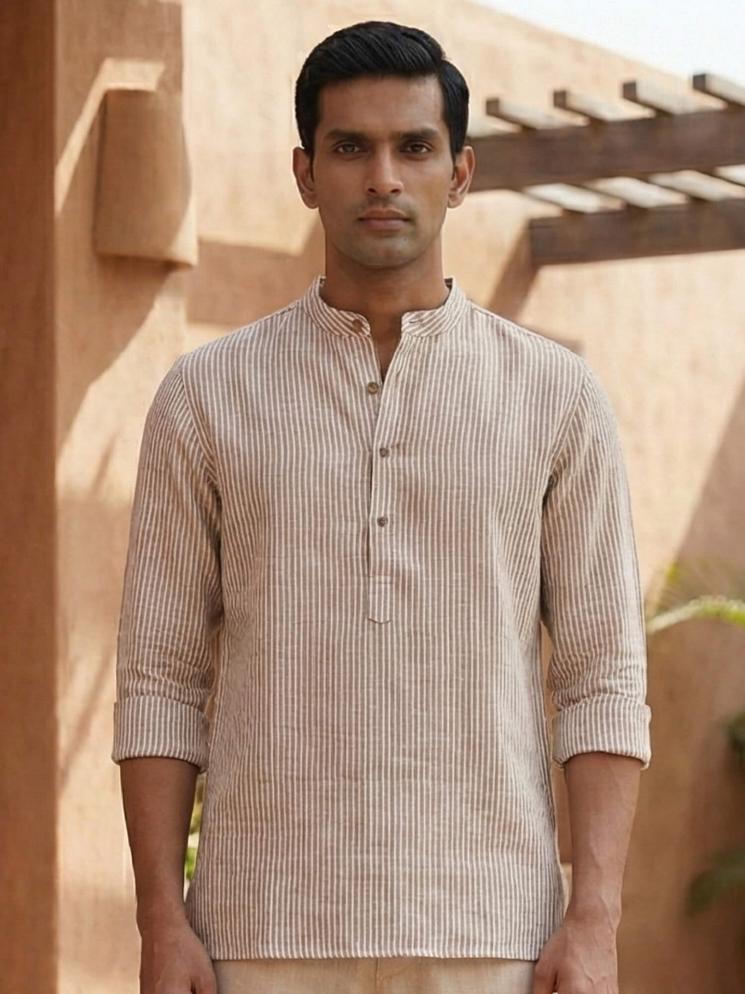 Brown Pinstripes 100% Pure Linen Short Kurta
