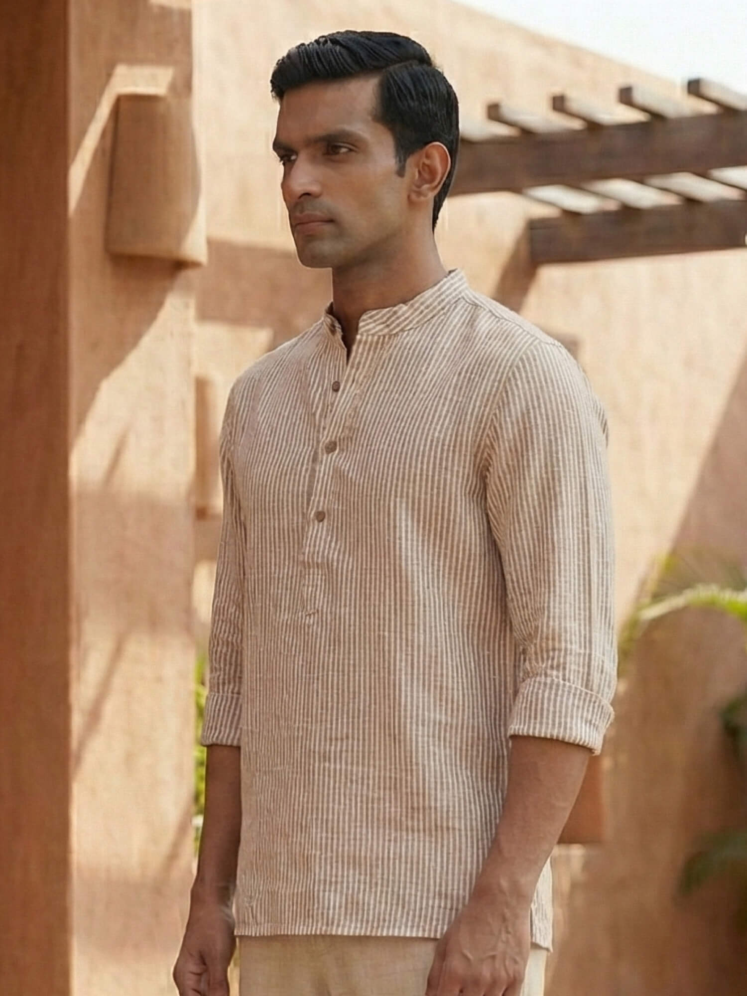 Brown Pinstripes 100% Pure Linen Short Kurta