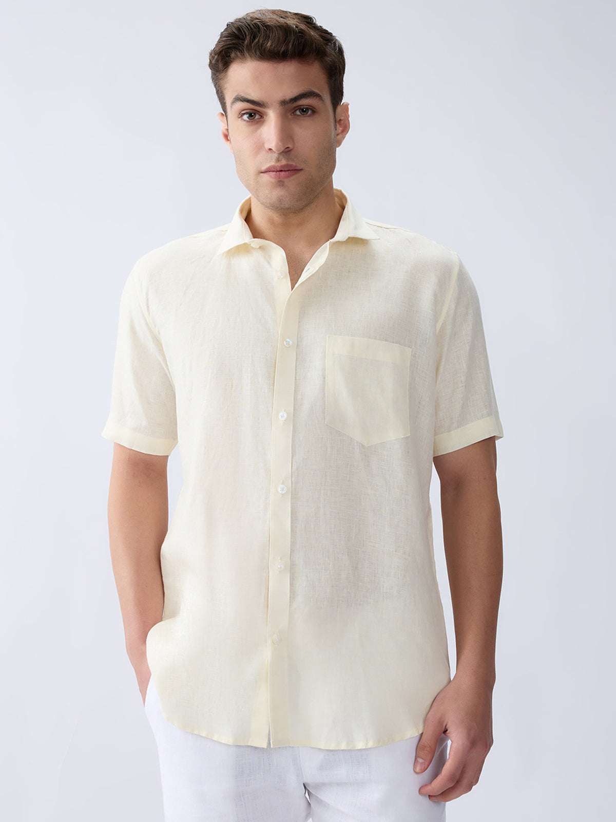 Cream Yellow 100% Pure Linen Half Sleeve
