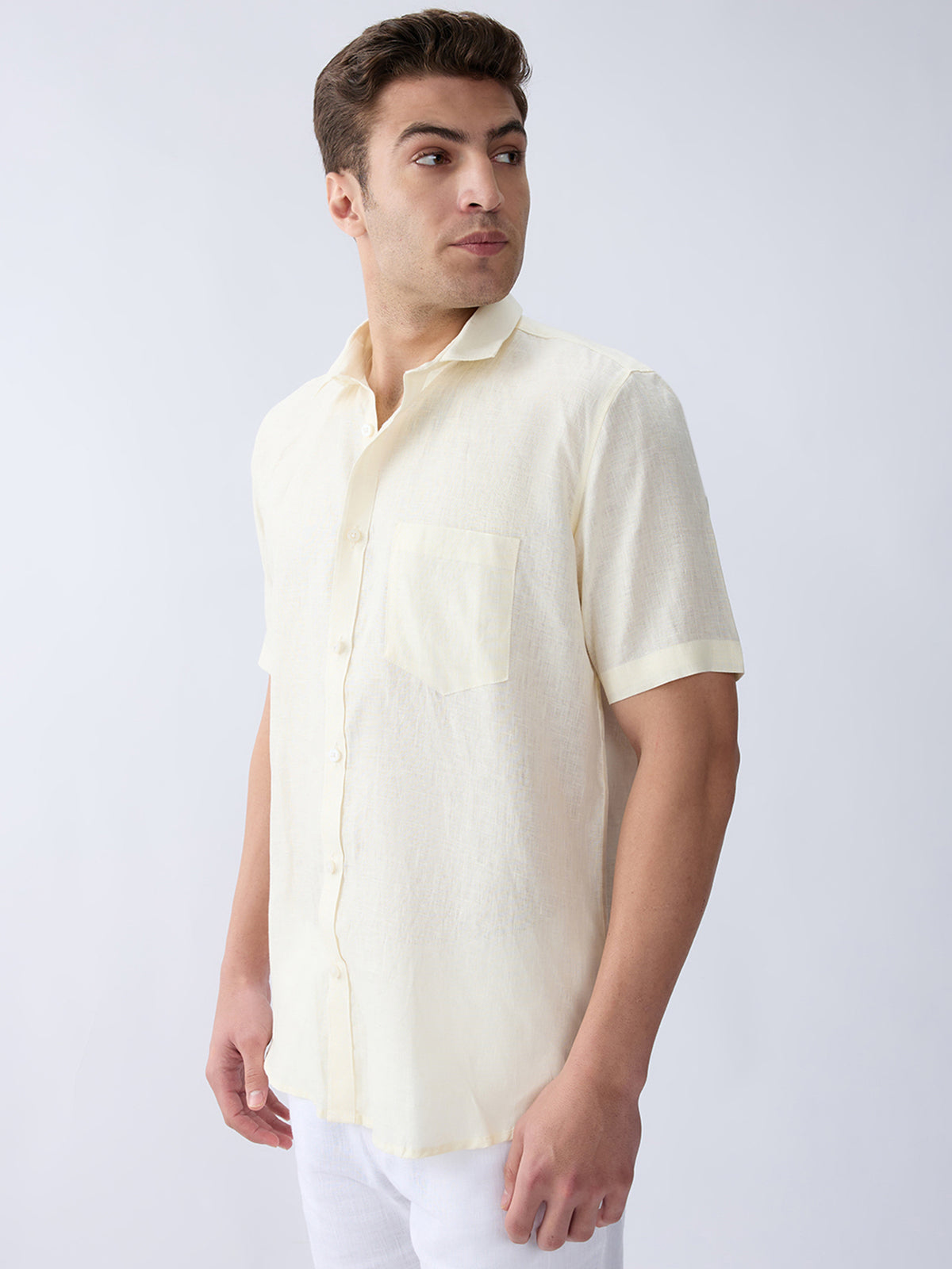 Cream Yellow 100% Pure Linen Half Sleeve